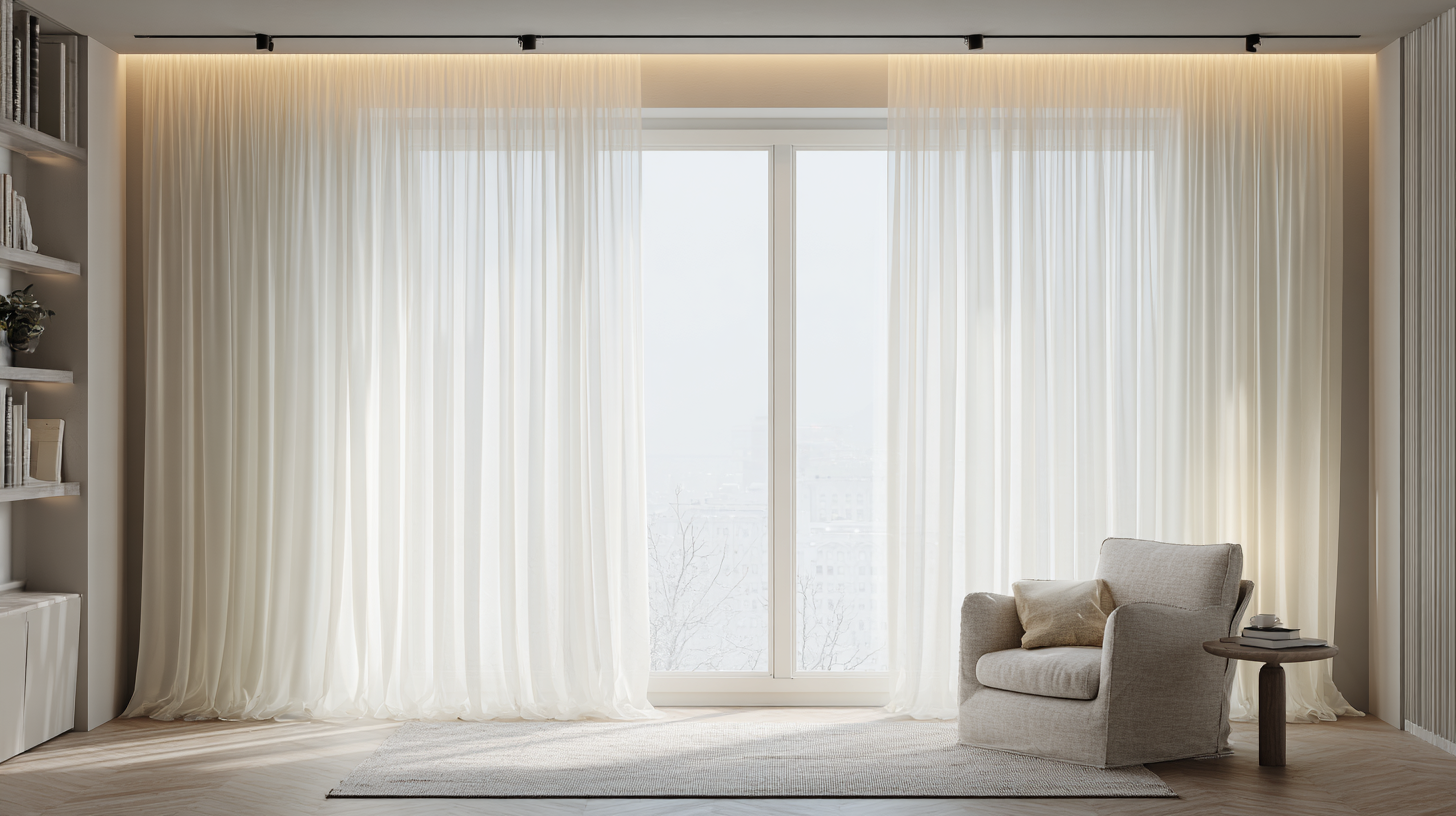 Wohnzimmer mit DustSilk-Gardinen: trüber Nachmittag, sanft gefiltertes Licht, elegante Seidenoptik
